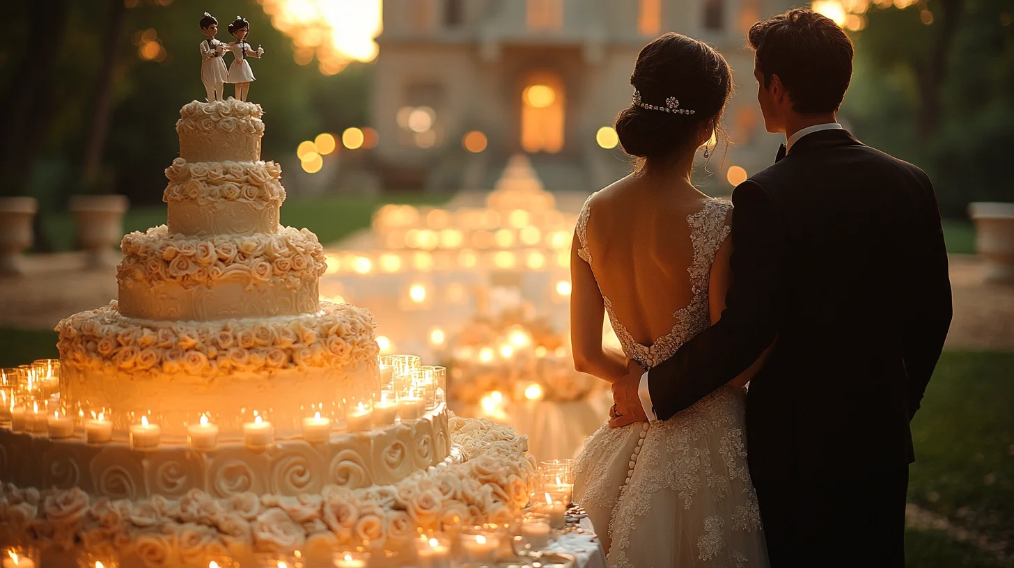 Brudepar foran en stor bryllupskage med personlige figurer som kagetopper, omgivet af levende lys i en romantisk have