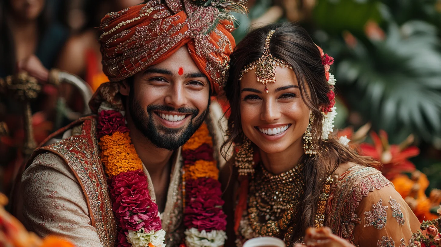 Smilende brudepar i traditionelle indiske bryllupsklæder, omgivet af farverige blomster.