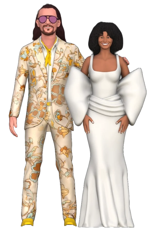 3D bryllupsfigurer af et stilfuldt par – mand i mønstret jakkesæt med solbriller og gul butterfly, og kvinde i elegant hvid kjole med dramatisk ærmedesign