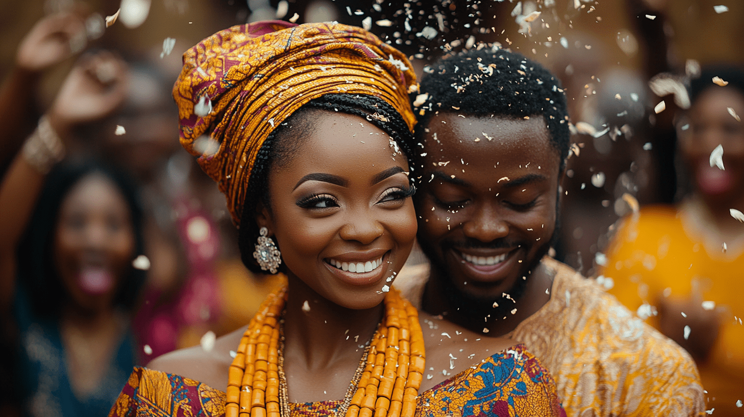 Brudepar til et afrikansk bryllup iført traditionel påklædning med smil og konfetti i baggrunden.