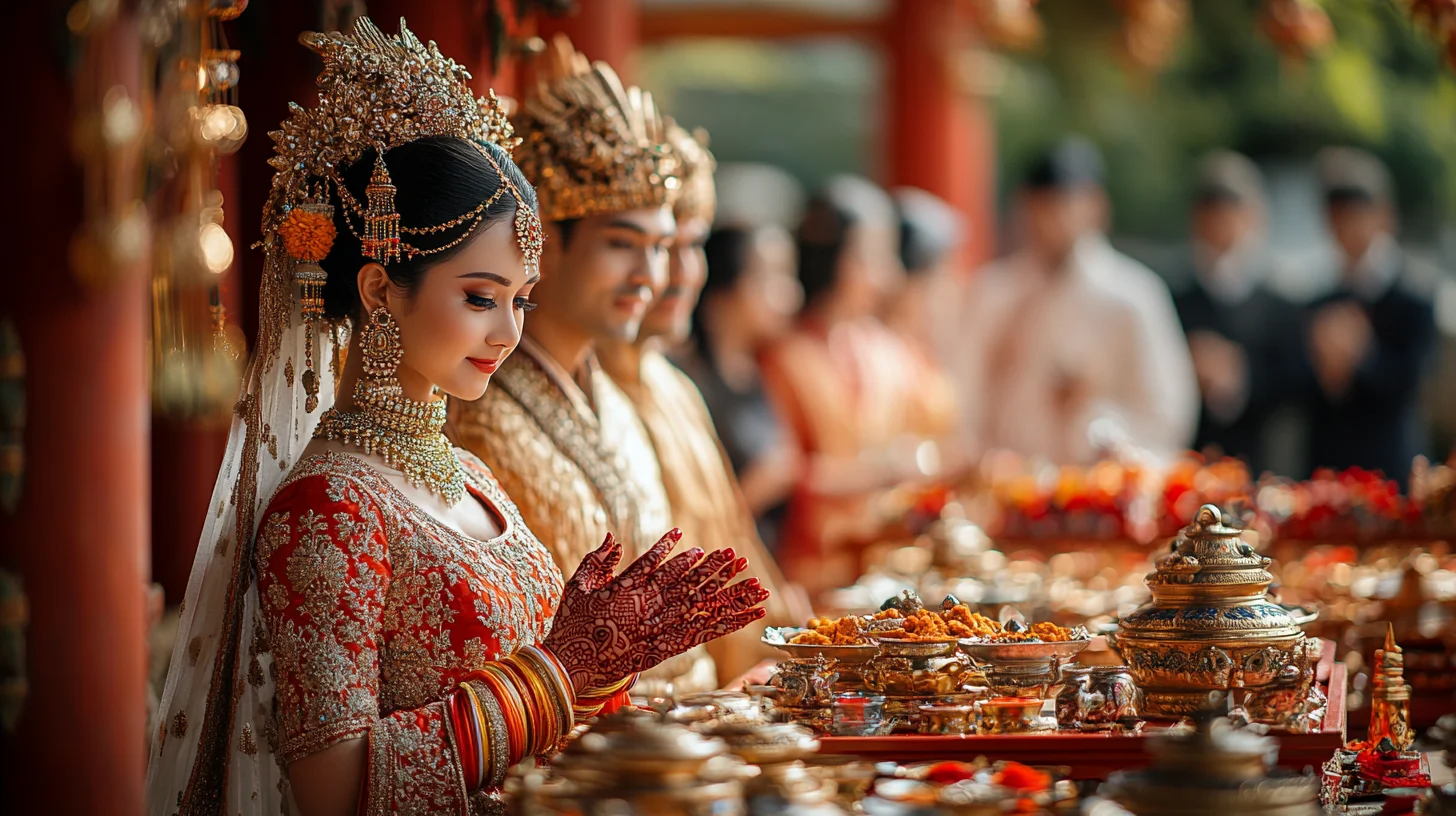 Asiatisk brud i rød og guld med henna-dekorerede hænder under en bryllupsceremoni omgivet af traditionelle retter og dekorationer.