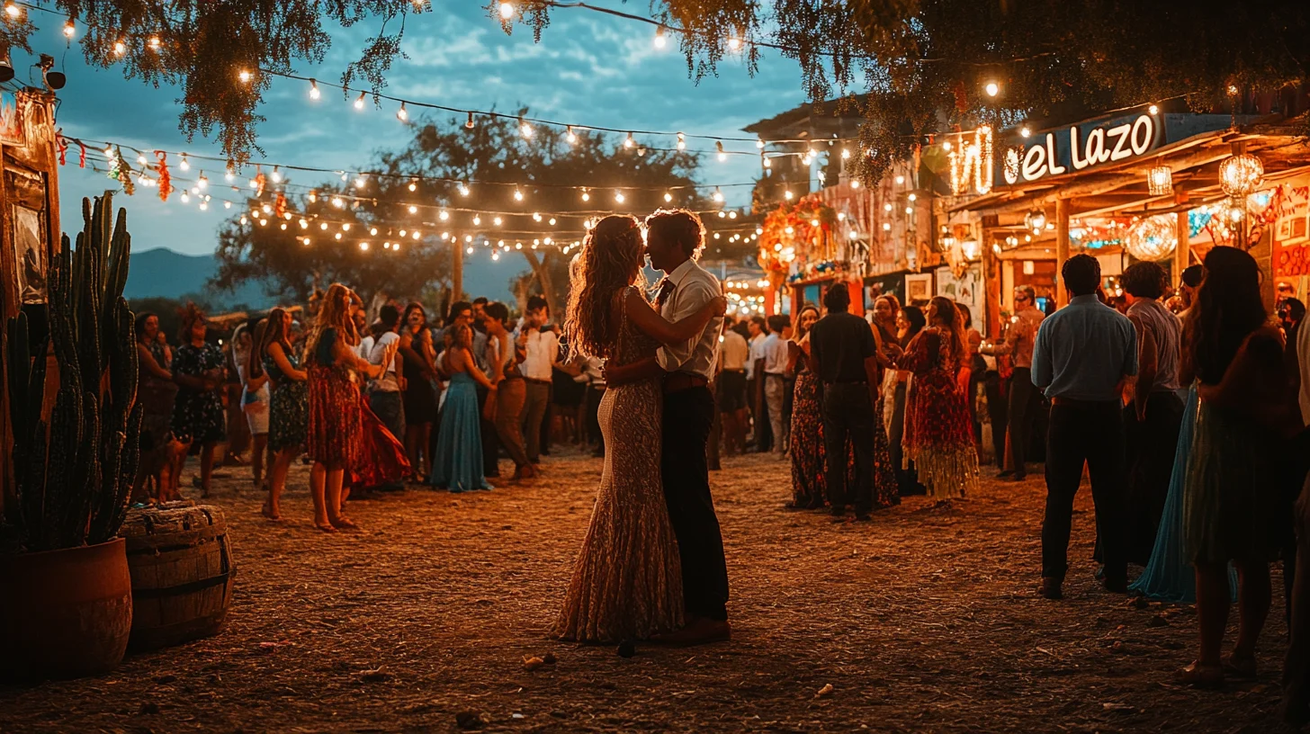 traditioner-sydamerikanske-bryllupper Et sydamerikansk bryllup i en udendørs setting med en romantisk dansende brudepar i centrum omgivet af gæster, farverige dekorationer og stringlys i baggrunden.