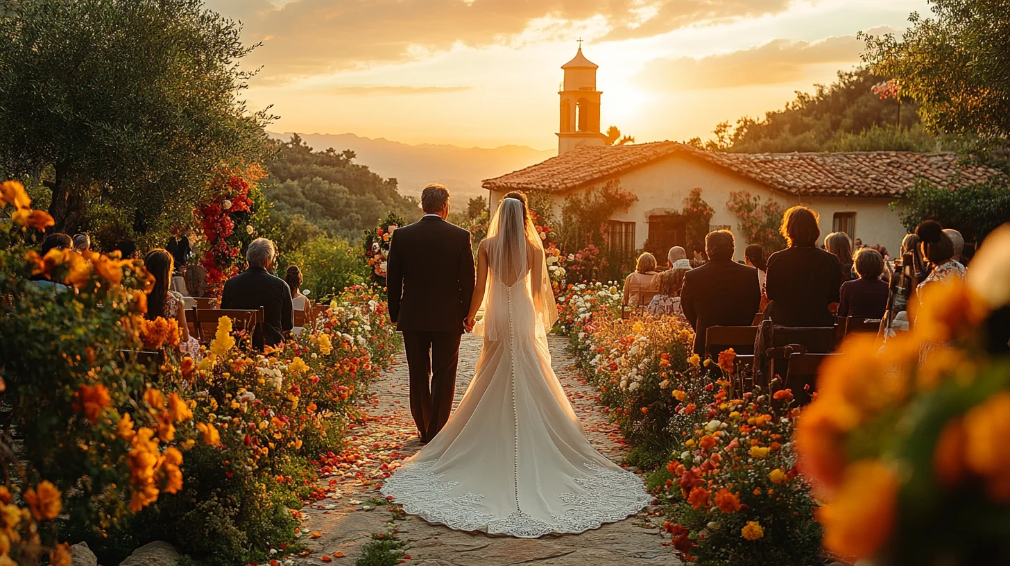 Brud bliver ført op ad kirkegulvet af sin far under en amerikansk bryllupsceremoni ved solnedgang.