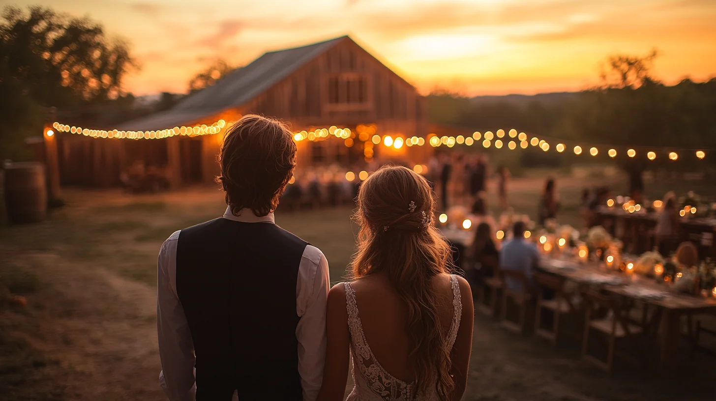 Brudepar kigger mod en smukt oplyst ladebryllupslokation ved solnedgang, mens gæsterne sidder ved langborde med blomsterdekorationer og levende lys.