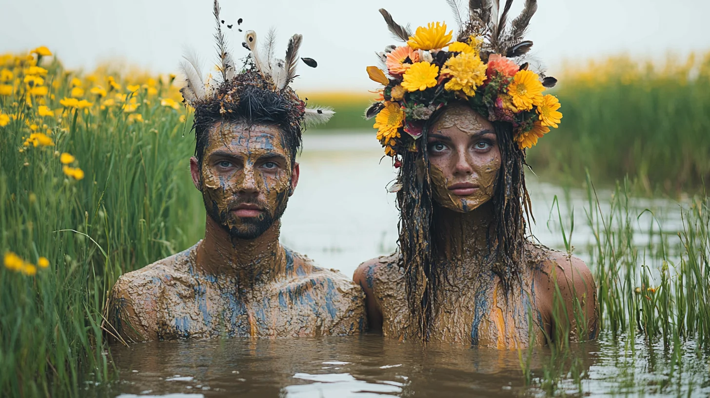 maerkelige-bryllupstraditioner Brudepar dækket af mudder står i en sumpet mark omgivet af gule blomster som en del af en bryllupstradition.