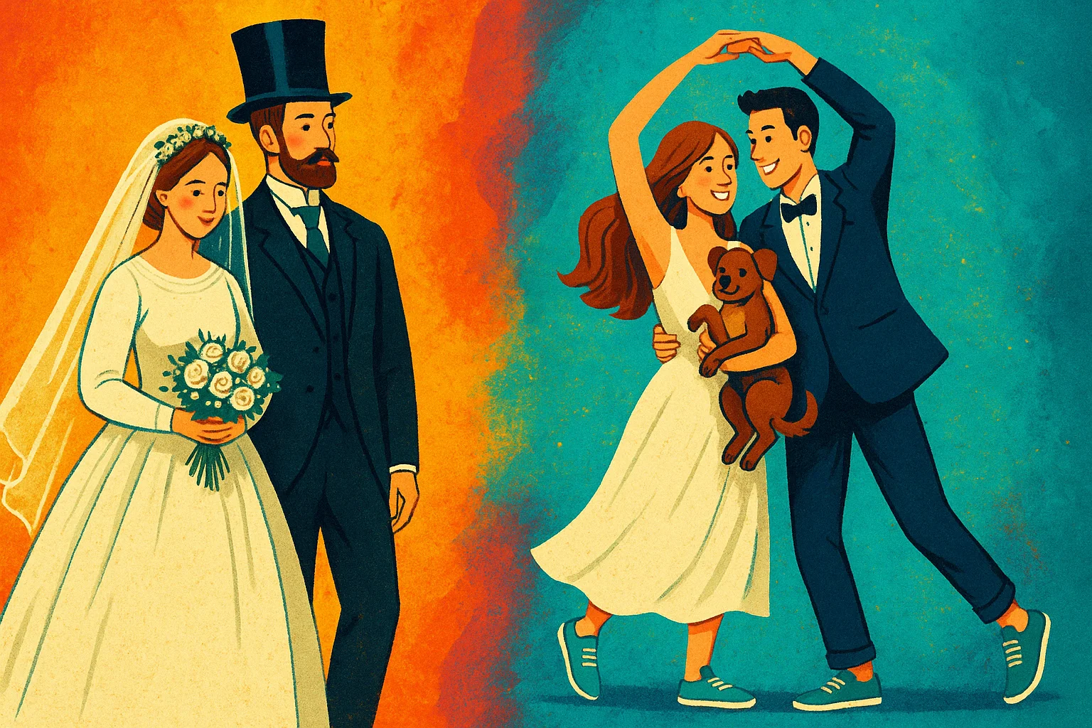 bryllupper-victoriansk-modernisering Victoriansk brudepar ved siden af moderne brudepar med hund, vist i farverig illustration