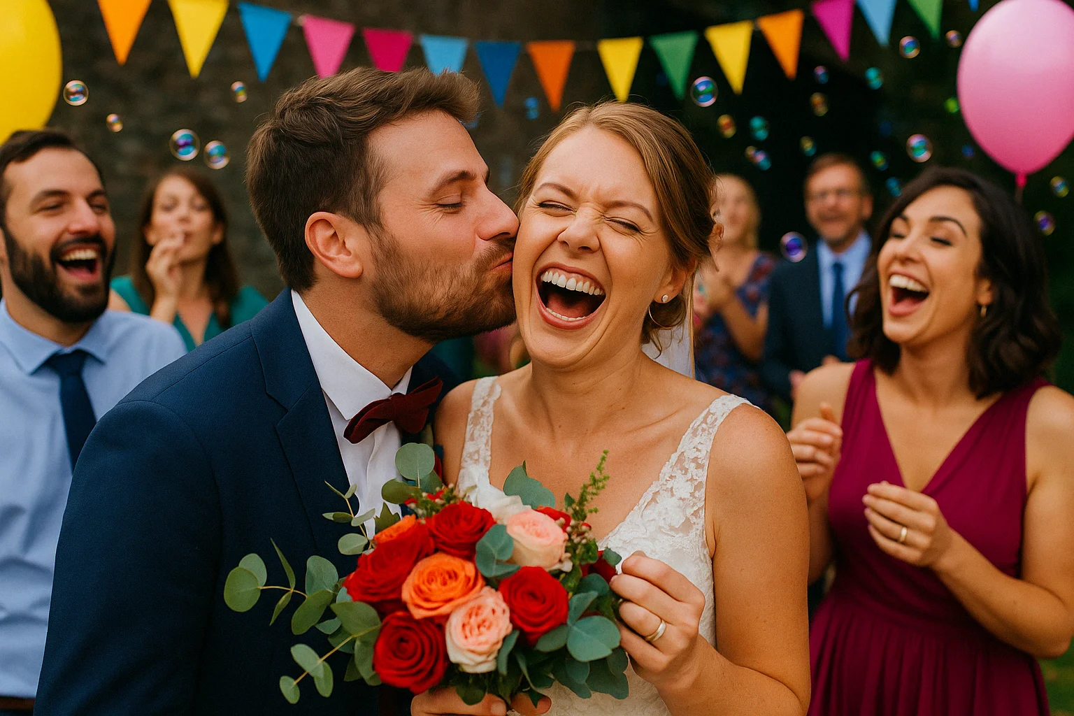sjove-bryllupstraditioner Brudepar danser omgivet af farverige dekorationer og glade gæster