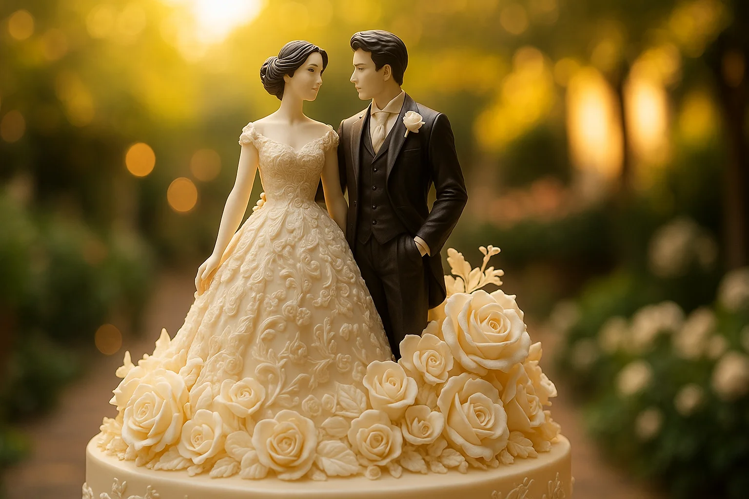3D printet bryllupsfigur i klassisk stil på kage med romantisk baggrund i solnedgang