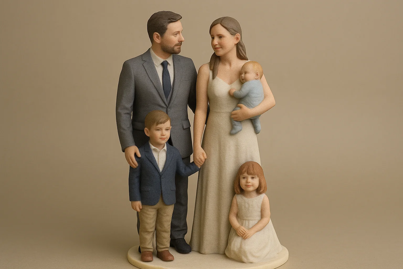 bryllupsfigur-boern 3D printet bryllupsfigur med far, mor og tre børn i farver