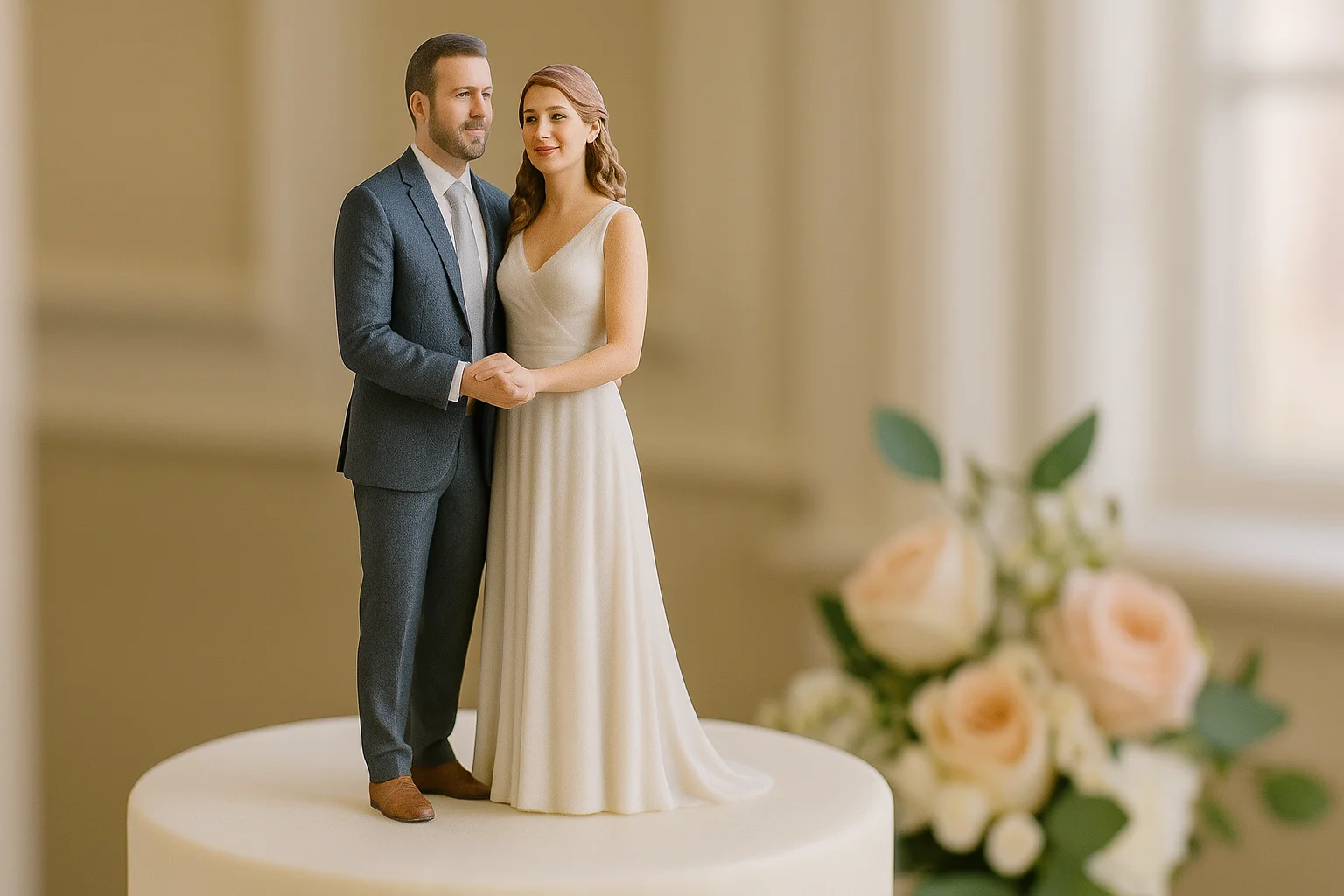 3d-printet-bryllupsfigur-pla-bryllupskage 3D printet bryllupsfigur af brudepar i PLA placeret på bryllupskage