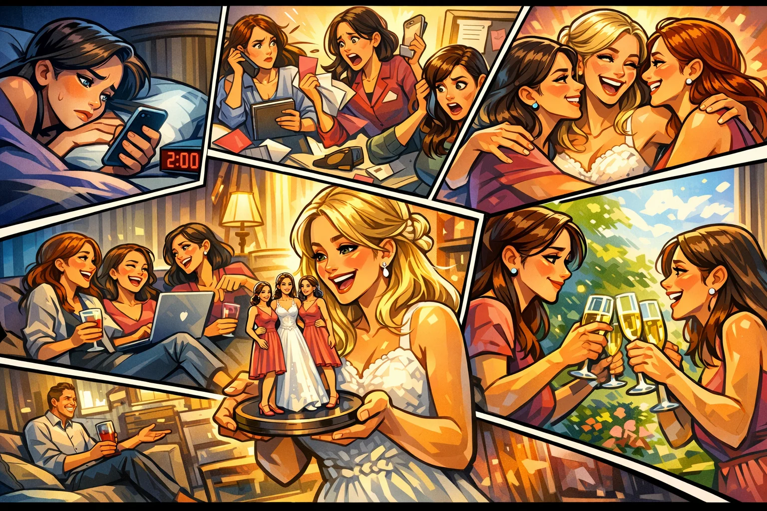 Illustration i tegneseriestil der viser en brud og hendes veninder gennem bryllupsplanlægningen, fra stress og bekymringer sent om natten til nærvær, grin og fælles glæde, med fokus på venskab, balance og følelsesmæssig støtte