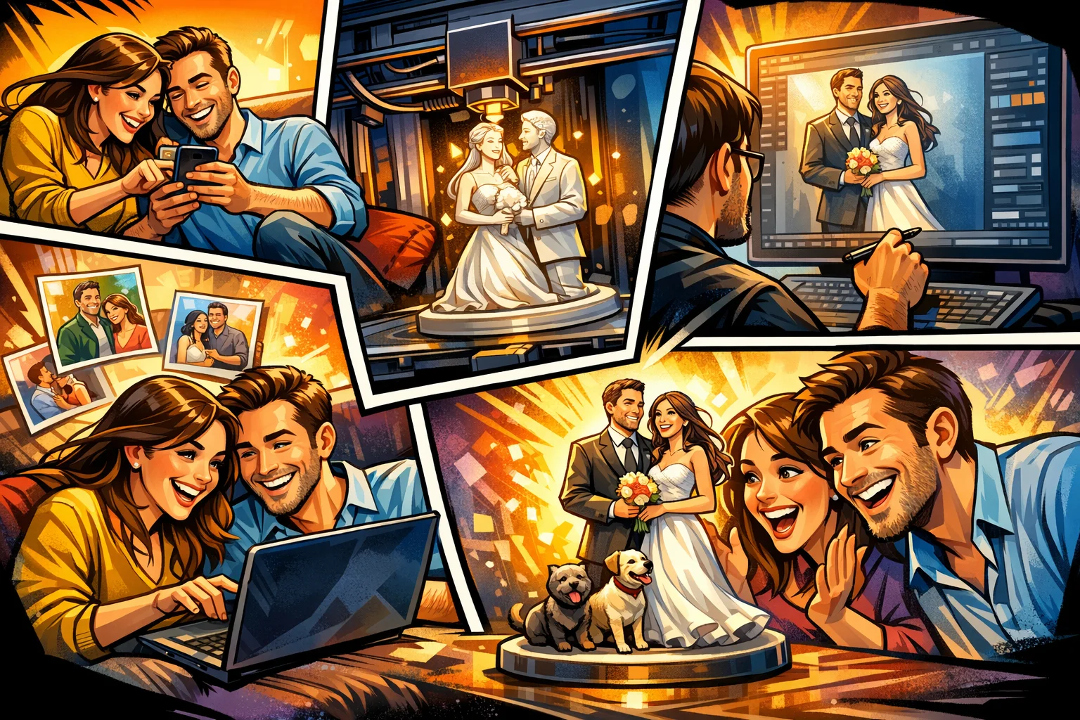 bryllupsfigur-faelles-projekt-2d-til-3d Illustration i dynamisk comic-stil af et brudepar, der sammen udvælger fotos i sofaen og følger processen fra mobilbilleder til færdig 3D printet bryllupsfigur med hund, vist som et fælles og hyggeligt projekt