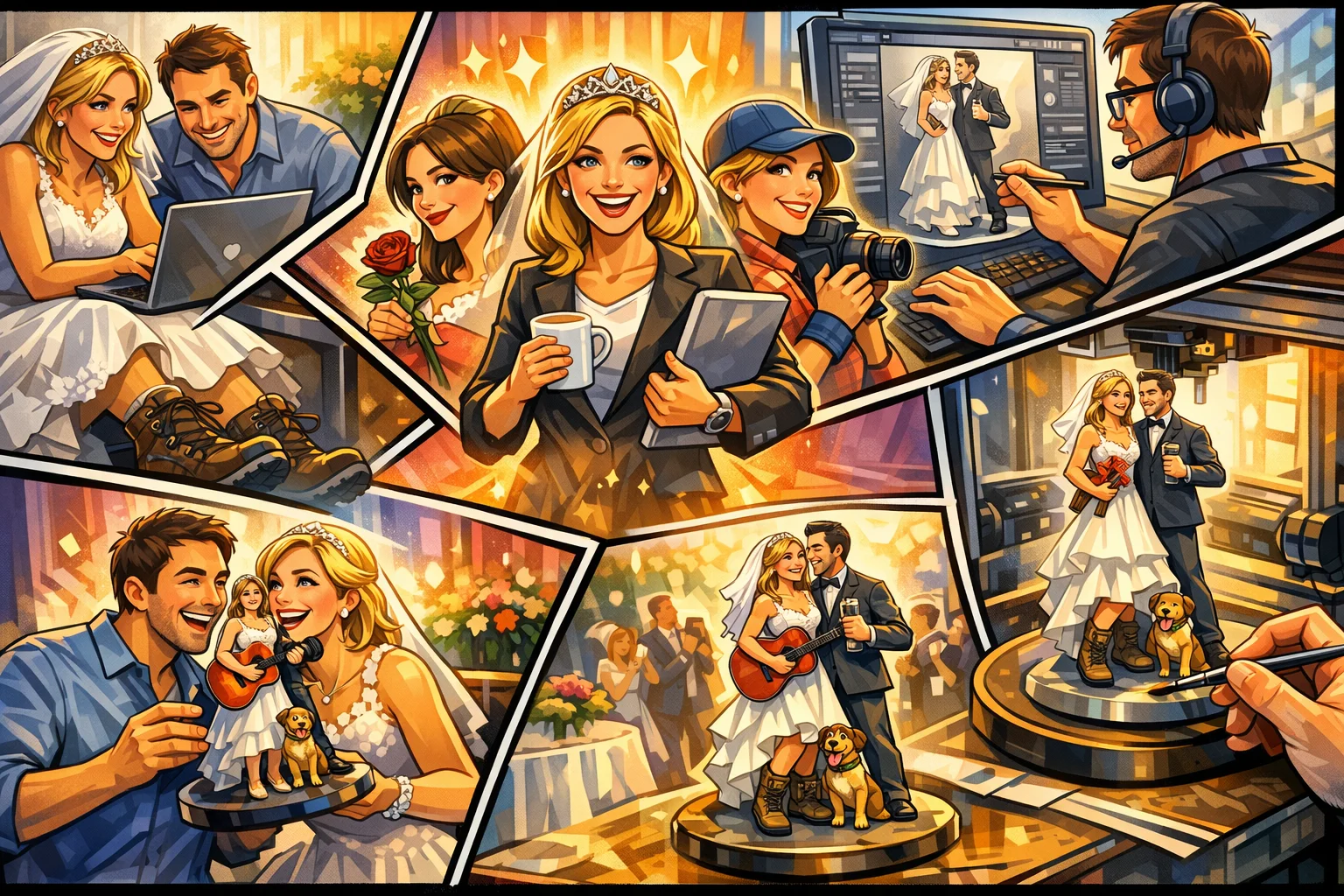 bryllupsfigur-identitet-grafisk-modellering-2d-til-3d Illustration i dynamisk tegneseriestil, der viser en brud med flere personlighedssider samlet i én personlig bryllupsfigur, fra idé og grafisk modellering til færdigt 3D print som varigt minde