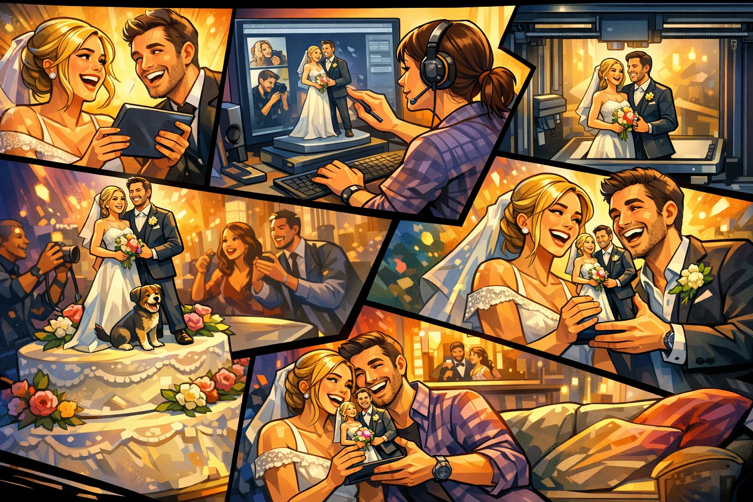 Personlig bryllupsfigur skabt ud fra fotos, vist som et dynamisk comic-layout med ægte øjeblikke fra bryllupsdagen, grafisk 2D-til-3D proces og færdigt 3D printet minde