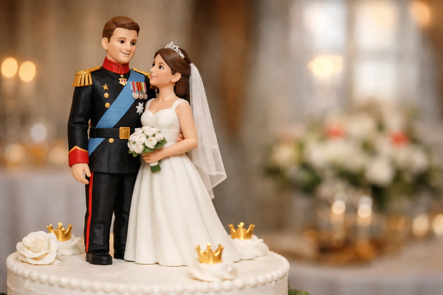 bryllupskagefigur-royalt-touch 3D printet bryllupskagefigur i PLA med royalt inspireret brudepar stående på bryllupskage, med synlige laglinjer, matte farver og naturligt bryllupslys