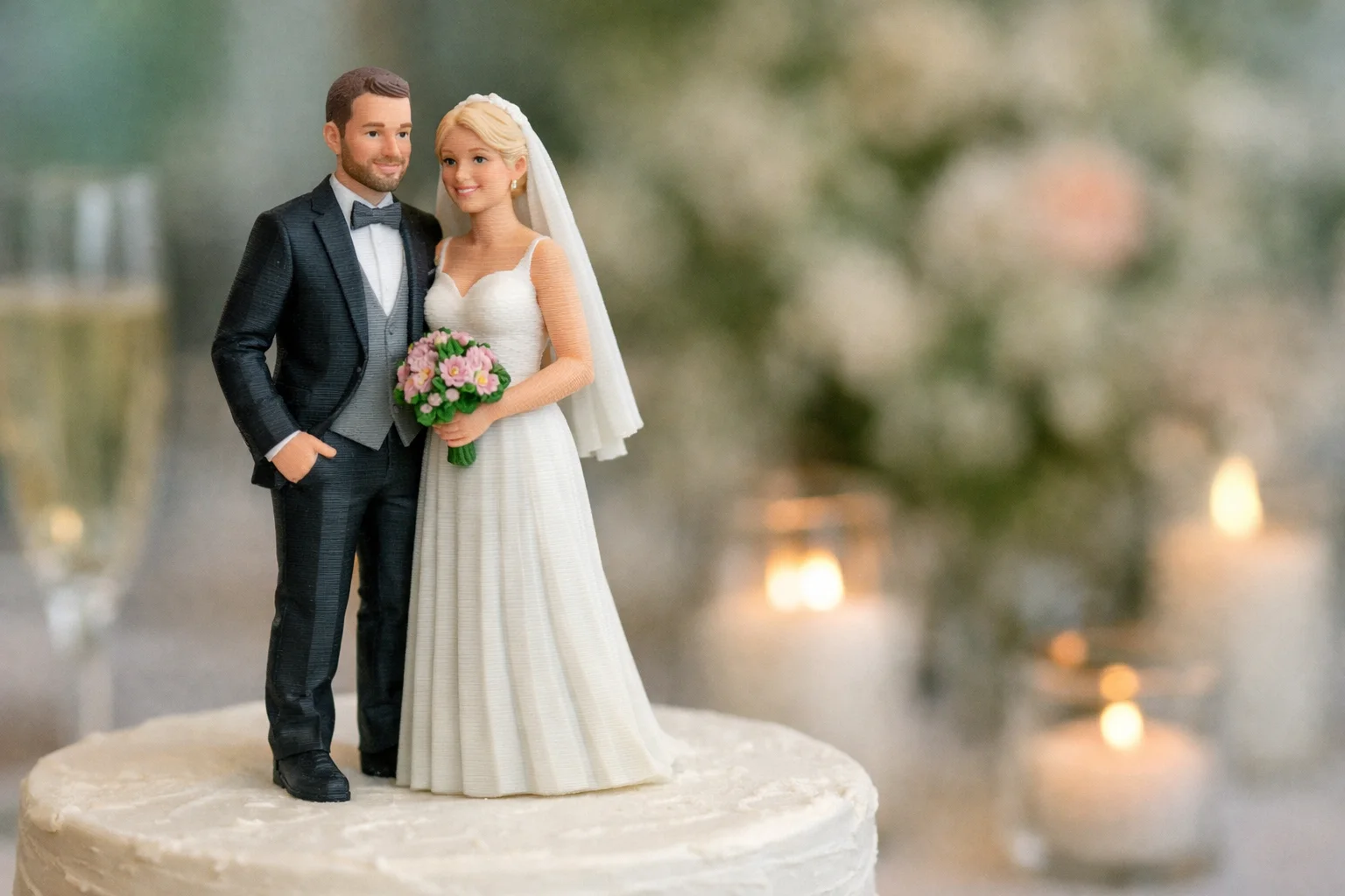 3D printet bryllupsfigur i PLA af brudepar stående på bryllupskage med synlige laglinjer og naturligt lys